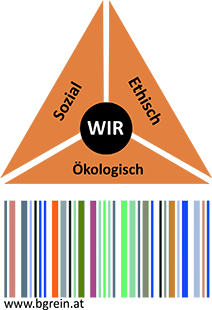 Logo Nachhaltigkeit am BG Rein: Dreieck mit den Bereichen Sozial, Ethisch und Ökologisch rund um das WIR